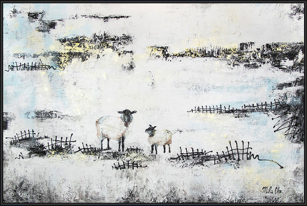 The painting "Case" is a plot scene with sheep against an abstract background.