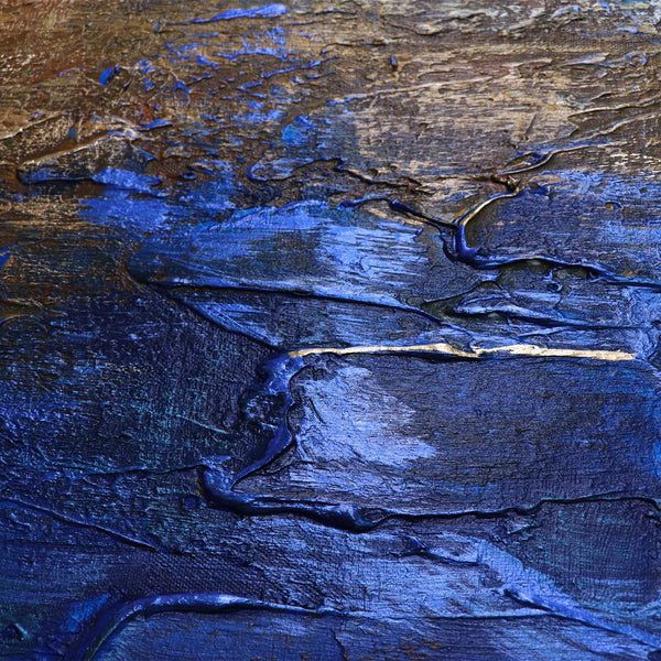 The painting "Ultramarine" is an abstract depth in a blue-gold palette