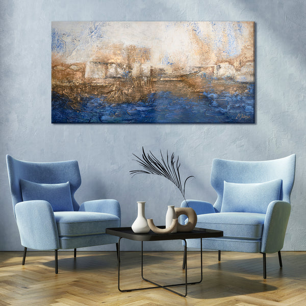 The painting "Ultramarine" is an abstract depth in a blue-gold palette