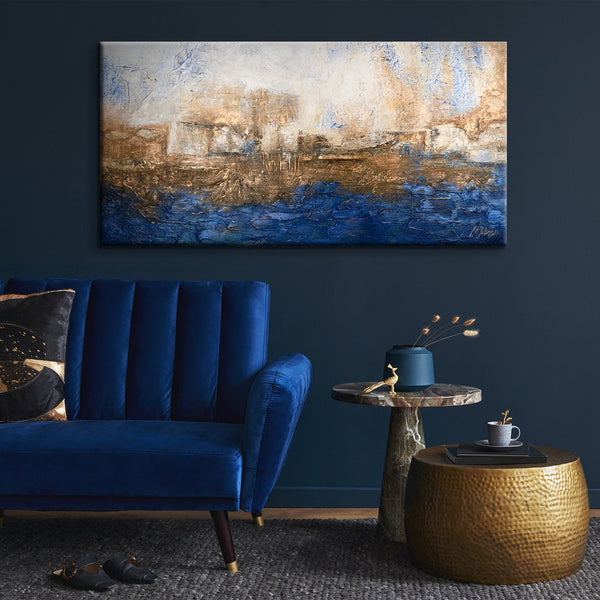 The painting "Ultramarine" is an abstract depth in a blue-gold palette