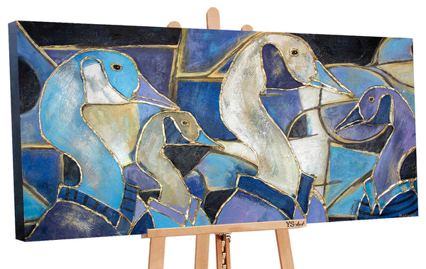 Painting "Stained Glass" - an abstract scene with geese in the Art Nouveau style