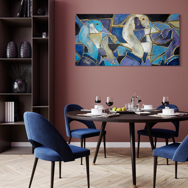 Painting "Stained Glass" - an abstract scene with geese in the Art Nouveau style