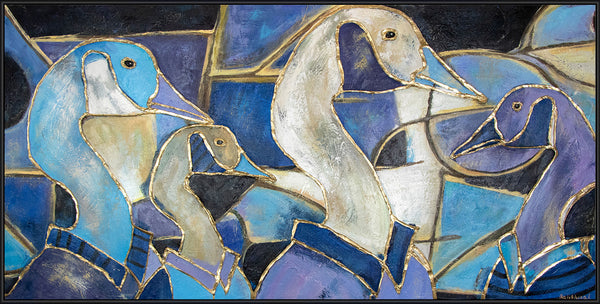Painting "Stained Glass" - an abstract scene with geese in the Art Nouveau style