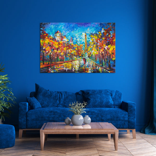 The painting "Evening in Paris" is a bright cityscape with the Eiffel Tower