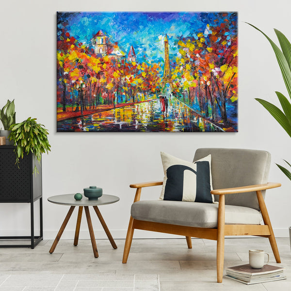 The painting "Evening in Paris" is a bright cityscape with the Eiffel Tower