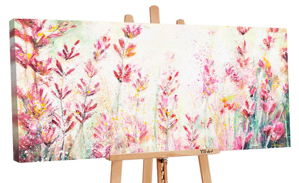 The painting "July" is a bright field in pink tones