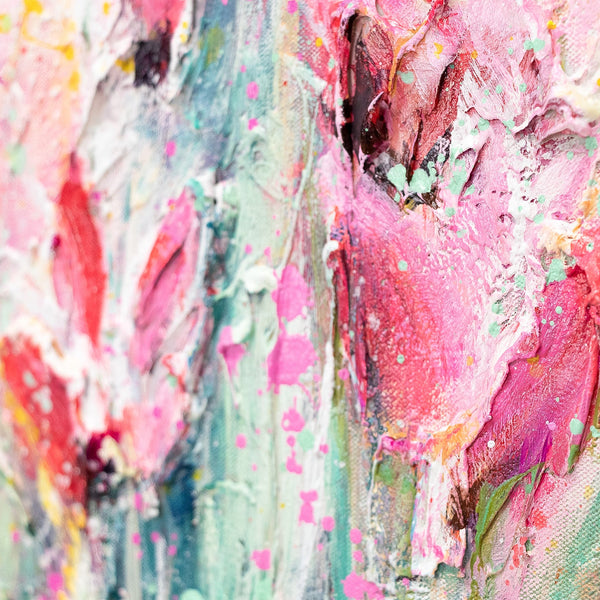 The painting "July" is a bright field in pink tones