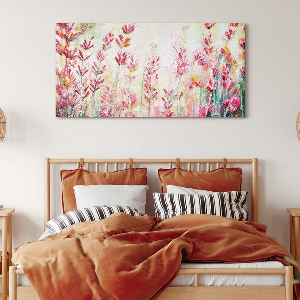 The painting "July" is a bright field in pink tones