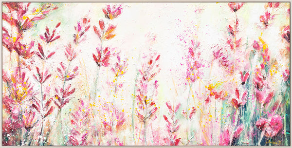 The painting "July" is a bright field in pink tones