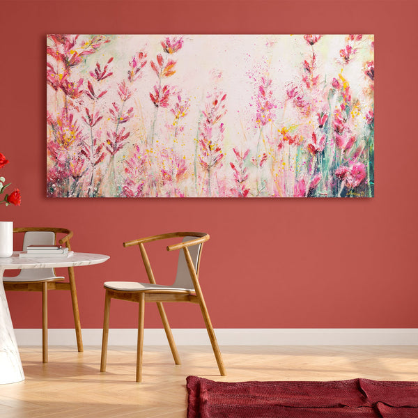 The painting "July" is a bright field in pink tones