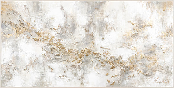 The painting "History" is an abstract composition with textured gold