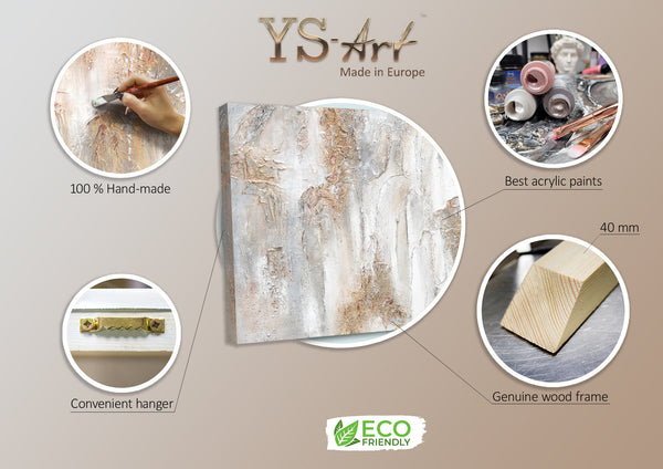 The painting "Philosophy" is a textural abstraction in beige and gray shades.