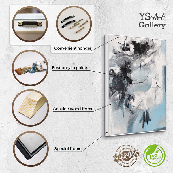 The painting "Ice Abstraction" is a contrast of white and charcoal against a sky-blue background.