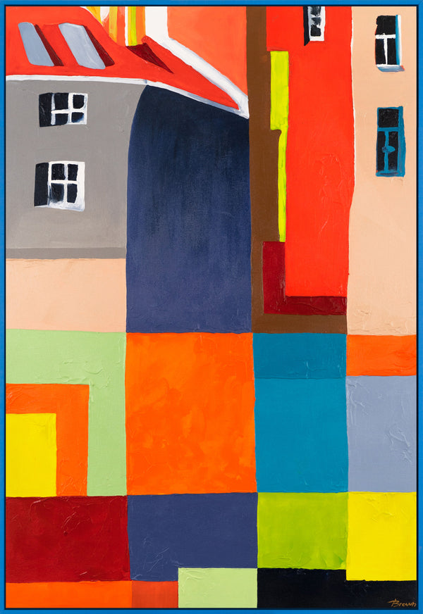 The painting "City in Color" is a bright geometric abstraction with architectural motifs