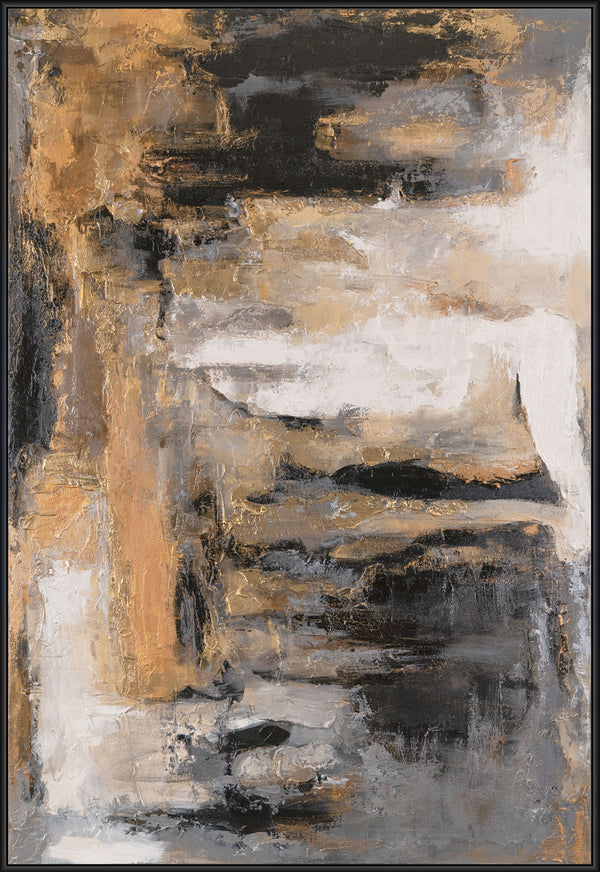 The painting "Cave of Thoughts" is a horizontal abstraction in earthy and graphite tones.