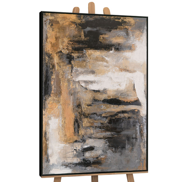 The painting "Cave of Thoughts" is a horizontal abstraction in earthy and graphite tones.