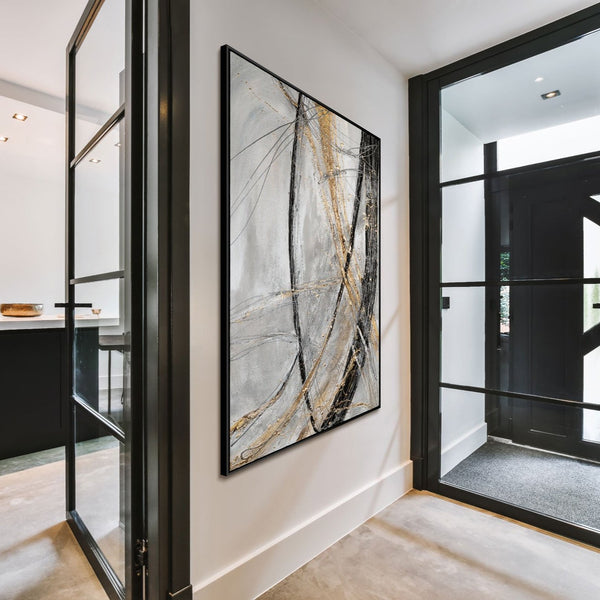 The painting "Golden Line" is a modern vertical abstraction with dynamic strokes