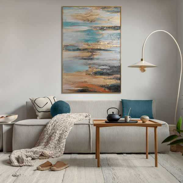 The painting "Golden Sound" is an abstraction in turquoise and gold tones.