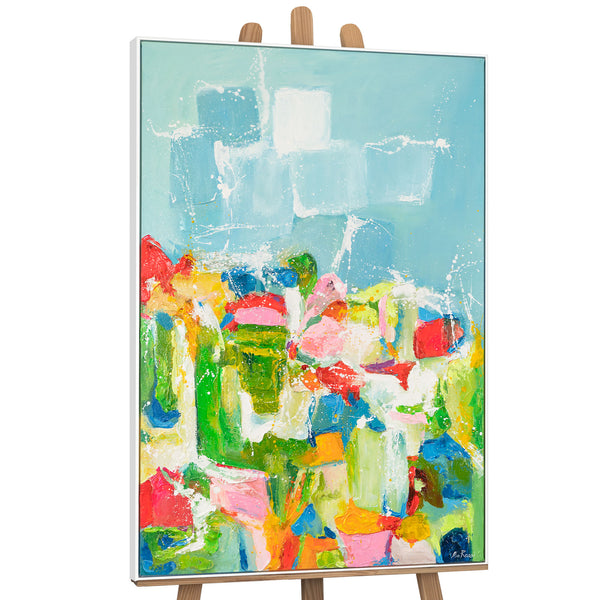 The painting "Morning in the City of Color" is a vertical abstraction with bright contrast