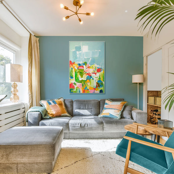 The painting "Morning in the City of Color" is a vertical abstraction with bright contrast