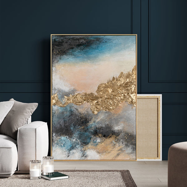 The painting "Dawn Depth" is a vertical abstraction with bright contrasts