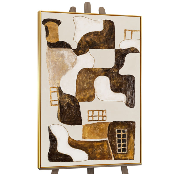 The painting "Abstract Windows" is a vertical abstraction with warm beige tones