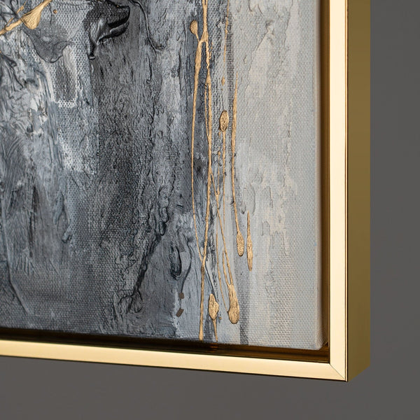 The painting "Pulsation of Gold" is a vertical abstraction with dynamic strokes