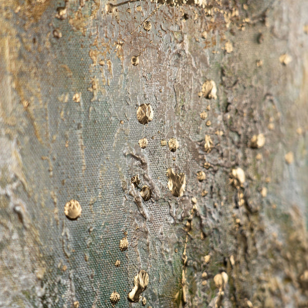 The painting "Melody of Solitude" is a vertical textural work with golden wood
