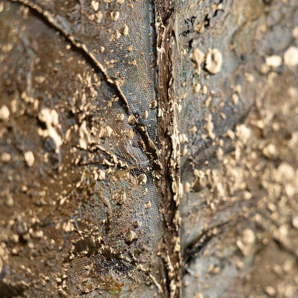 The painting "Melody of Solitude" is a vertical textural work with golden wood