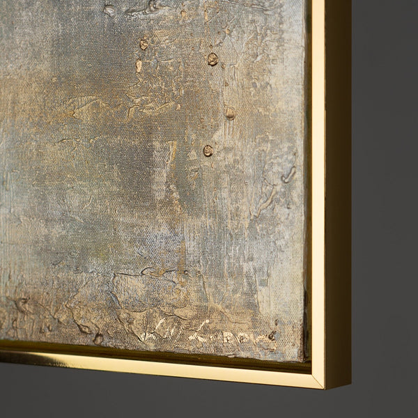 The painting "Melody of Solitude" is a vertical textural work with golden wood