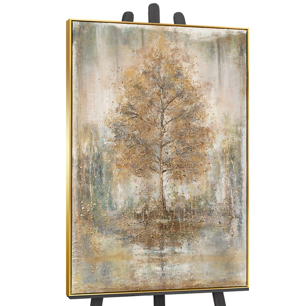 The painting "Melody of Solitude" is a vertical textural work with golden wood