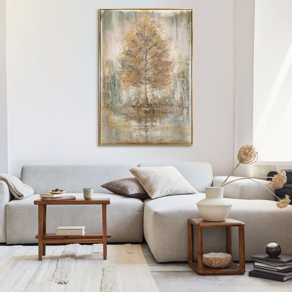 The painting "Melody of Solitude" is a vertical textural work with golden wood