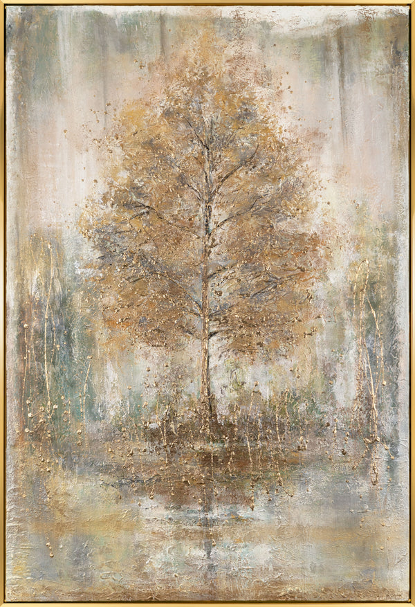 The painting "Melody of Solitude" is a vertical textural work with golden wood