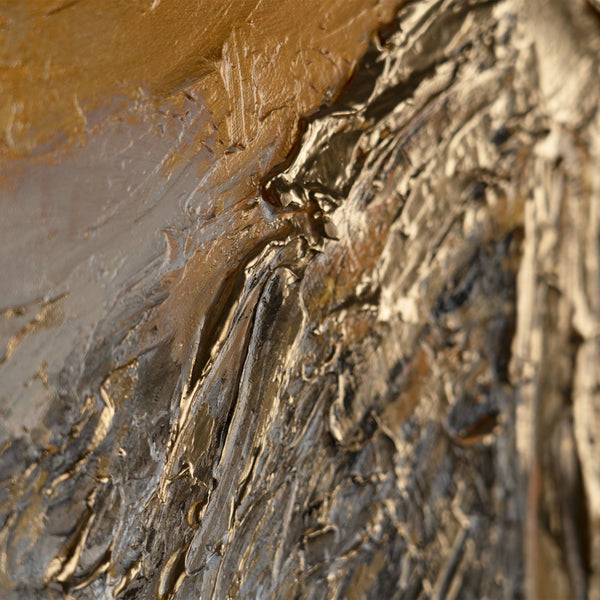The painting "Golden Touch" is a vertical abstraction with a warm glow