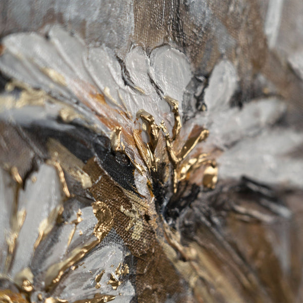 The painting "Field Daisies" is a horizontal composition in calm gray-golden shades.