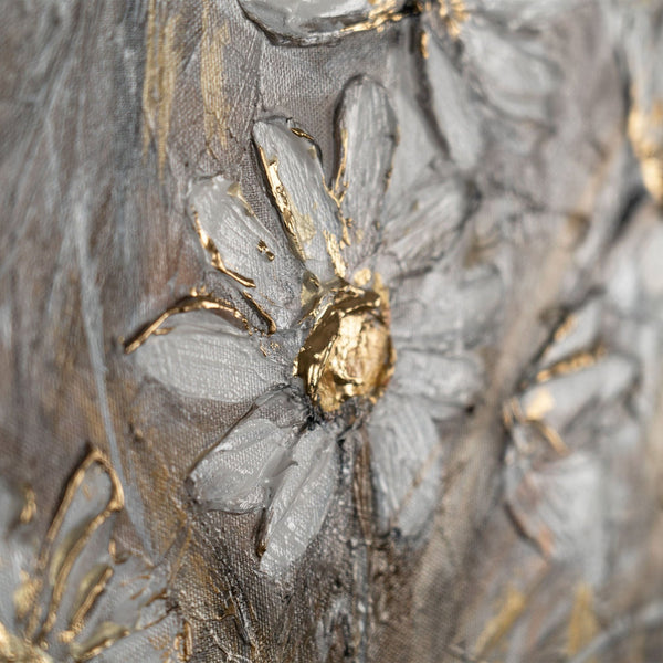 The painting "Field Daisies" is a horizontal composition in calm gray-golden shades.