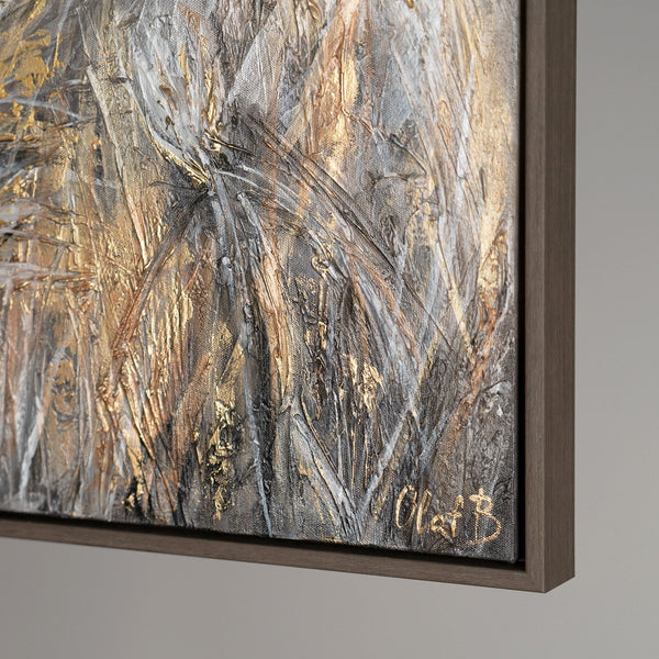 The painting "Field Daisies" is a horizontal composition in calm gray-golden shades.