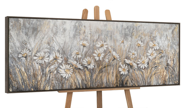 The painting "Field Daisies" is a horizontal composition in calm gray-golden shades.