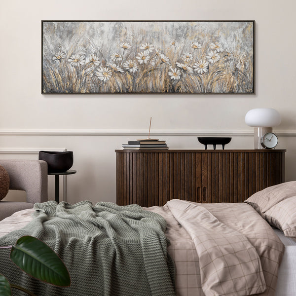 The painting "Field Daisies" is a horizontal composition in calm gray-golden shades.