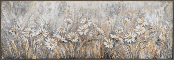 The painting "Field Daisies" is a horizontal composition in calm gray-golden shades.
