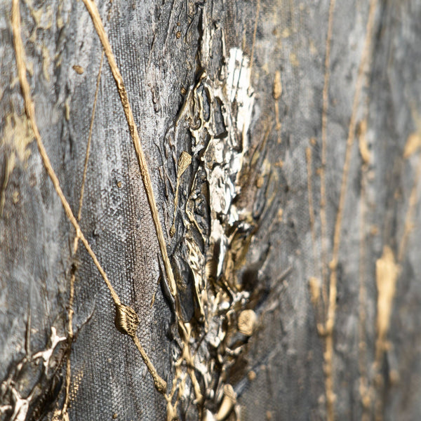 The painting "Peace of the Ears" is a horizontal textural composition with shades of gold and gray