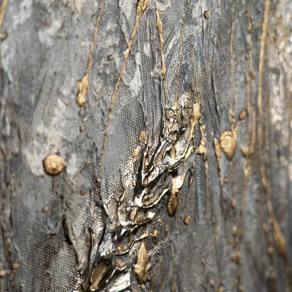 The painting "Peace of the Ears" is a horizontal textural composition with shades of gold and gray