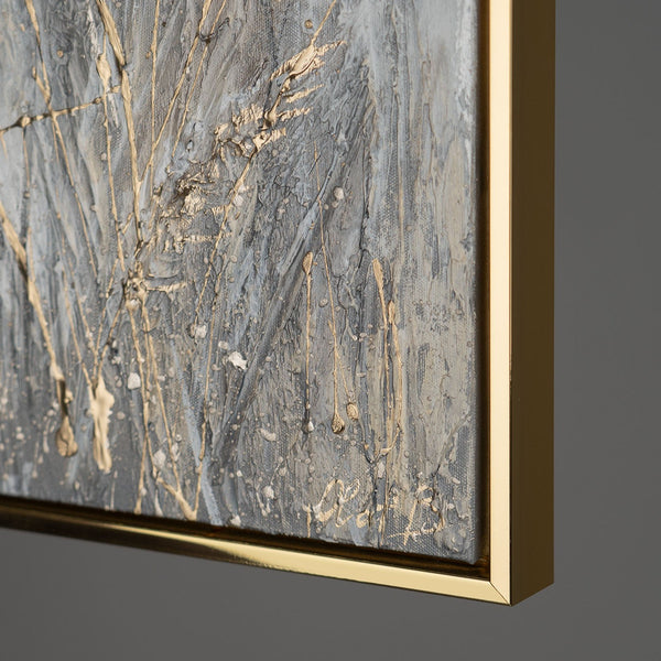 The painting "Peace of the Ears" is a horizontal textural composition with shades of gold and gray