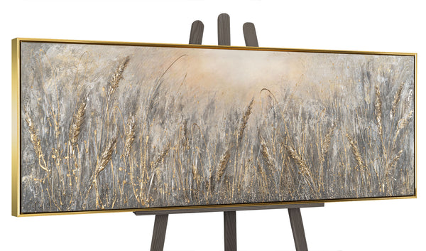 The painting "Peace of the Ears" is a horizontal textural composition with shades of gold and gray