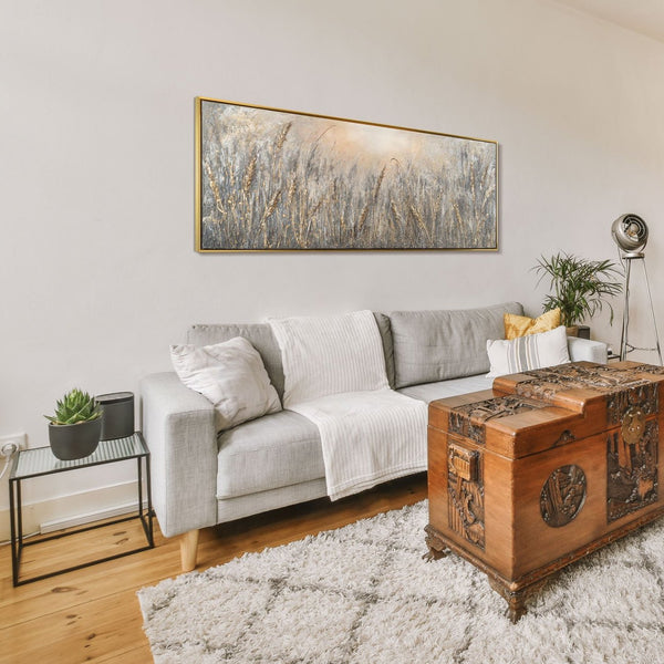 The painting "Peace of the Ears" is a horizontal textural composition with shades of gold and gray