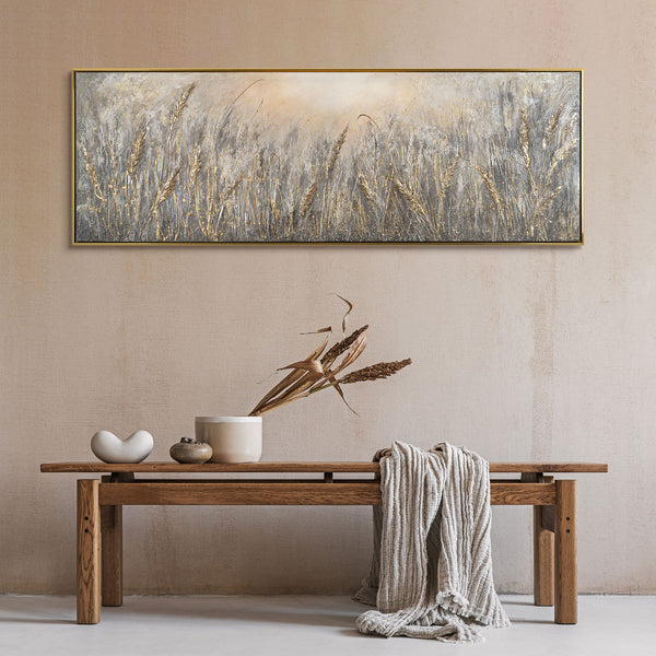 The painting "Peace of the Ears" is a horizontal textural composition with shades of gold and gray