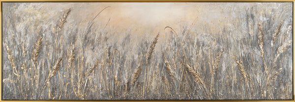 The painting "Peace of the Ears" is a horizontal textural composition with shades of gold and gray