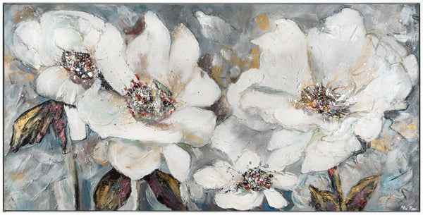 The painting "Silence of Petals" is a floral abstraction in light colors