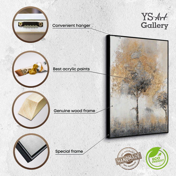 The painting "Golden Silence" is a modern abstraction of a tree in calm tones
