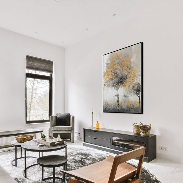 The painting "Golden Silence" is a modern abstraction of a tree in calm tones